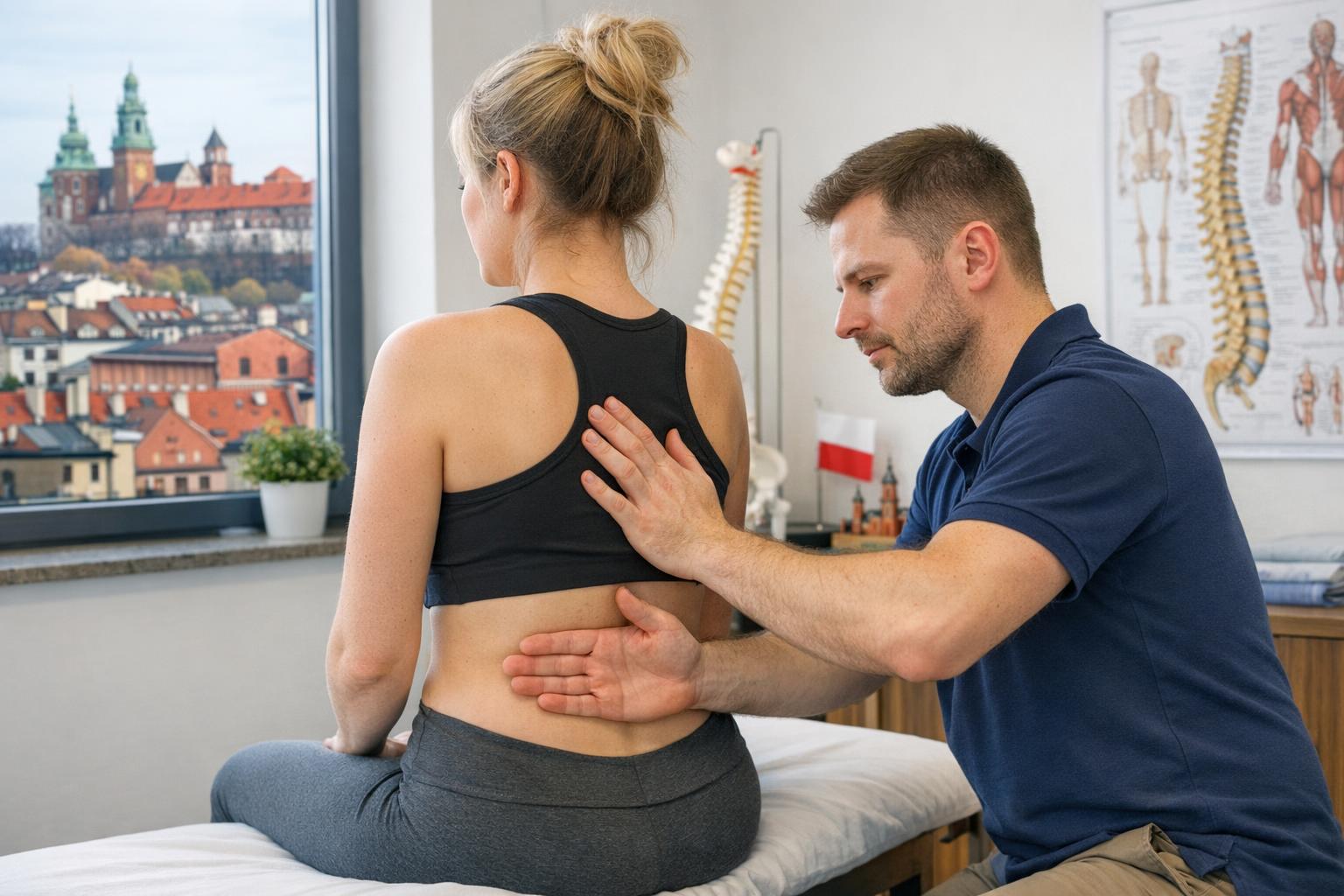 Terapeuta manualny wykonuje ocenę ruchomości kręgosłupa w gabinecie w Krakowie